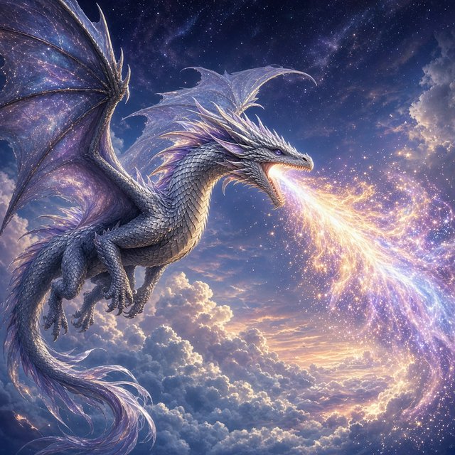 A beautiful, ethereal dragon flying through the skies breathing star flames. Detailed scales. — Grok Imagine Image 2