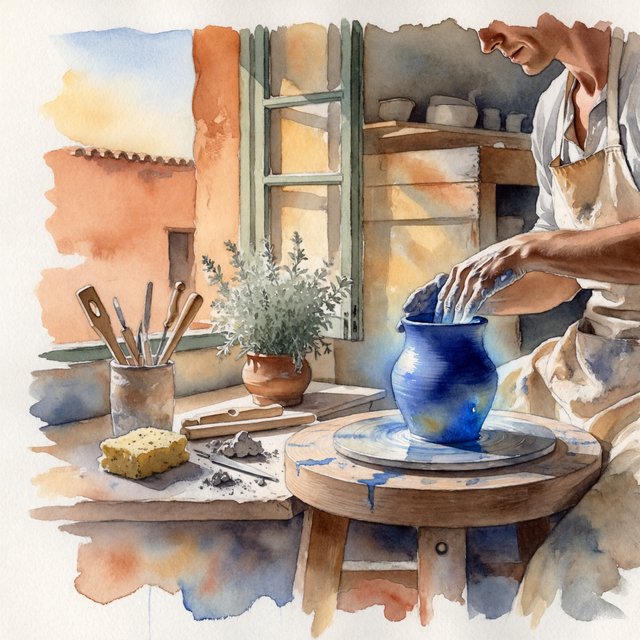 Watercolour illustration of an adult ceramicist shaping a luminous blue vessel beside an open workshop window, surrounded by clay tools, potted herbs, and sunlit terracotta walls. Palette of cobalt, ochre, sage, and cream, with soft flowing brushwork. — ImagineArt 2
