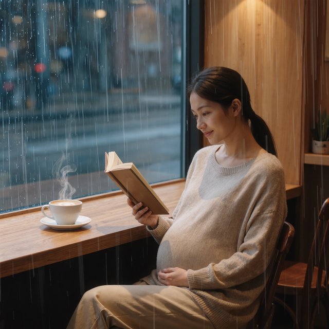 Photorealistic cinematic scene of a pregnant Chinese woman sitting in a cozy café by the window, reading a book. She appears calm, gentle, and thoughtful, with one hand resting naturally near her belly. On the table beside her is a cup of coffee, softly steaming. Outside the large window, heavy rain pours down, with streaks of water on the glass and a blurred rainy street beyond. The café interior is warm and inviting, with soft ambient lighting, wooden textures, and a peaceful atmosphere that contrasts with the storm outside. The composition should feel intimate, emotional, and serene, with the woman as the clear focal point. — Kling v3 Omni