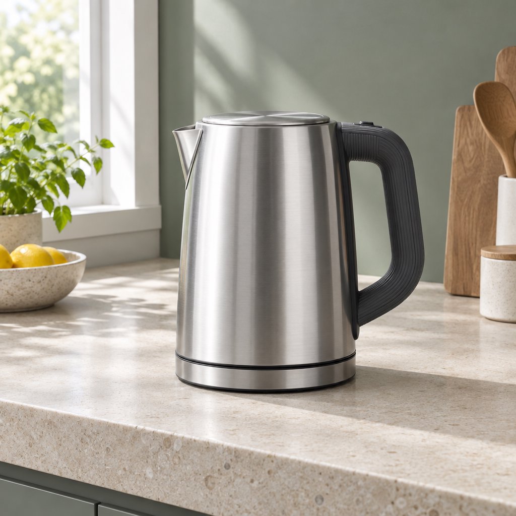 Morning daylight spills across a kitchen counter, revealing an unbranded electric kettle in satin stainless steel with a ribbed heat-resistant polymer handle. It sits on honed limestone against a muted sage backsplash, with window light and white bounce fill; commercial product image, no lettering. — GPT Image 2.5 Flare