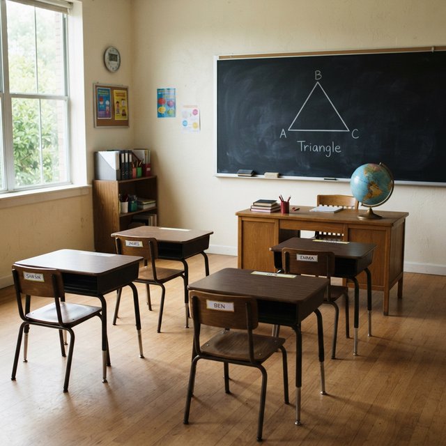 A classroom with exactly four desks in two rows, a globe on the teacher's desk, a chalkboard with a single drawn triangle, empty of people. — Nano Banana 2 Lite