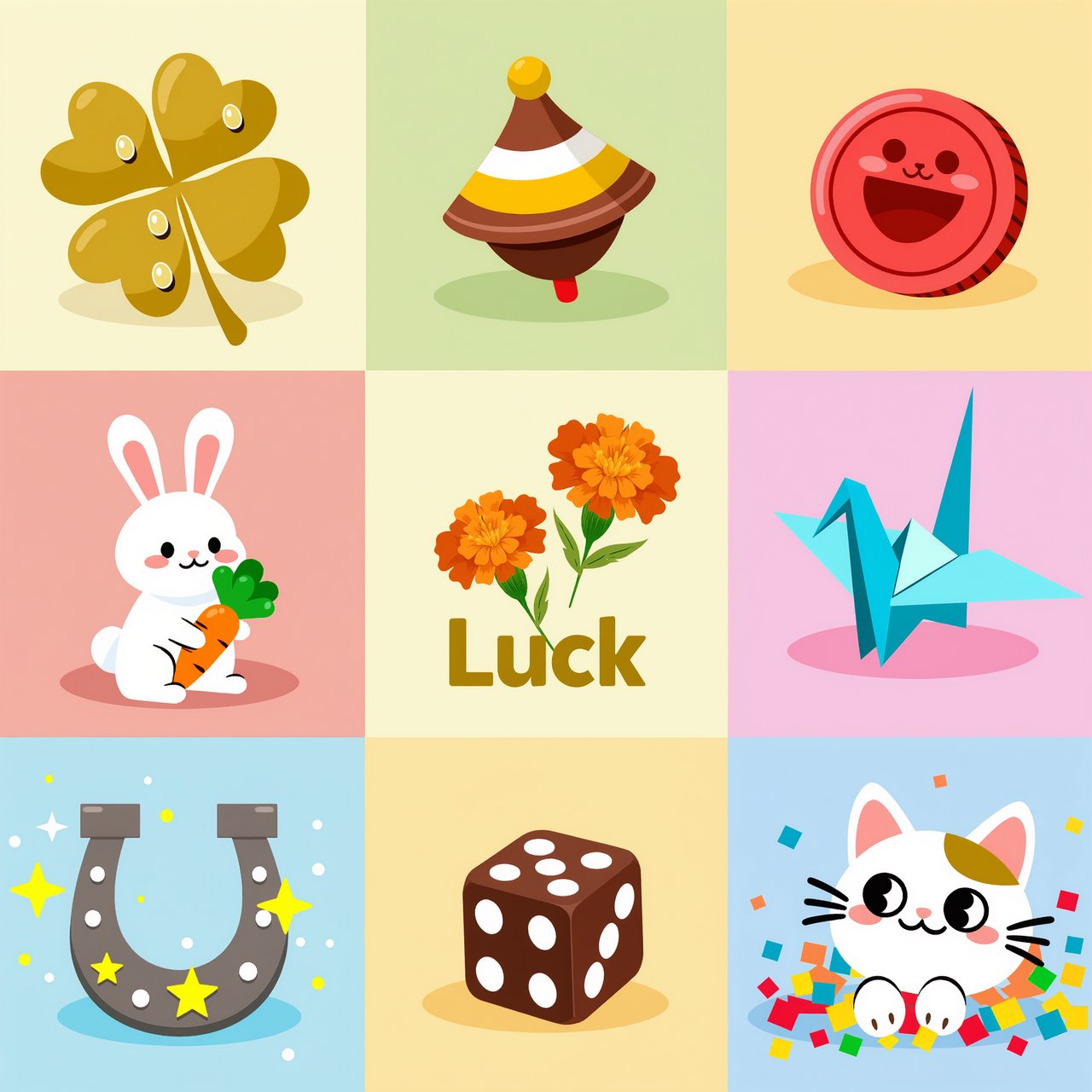 Many panels. Each panel represents an item, thing, creature, or scene that represents Luck. The word "Luck" appears at least once in the image. Be as creative as possible. — Kling v3 Omni