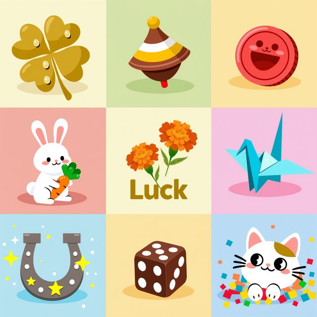 Many panels. Each panel represents an item, thing, creature, or scene that represents Luck. The word "Luck" appears at least once in the image. Be as creative as possible. — Kling v3 Omni