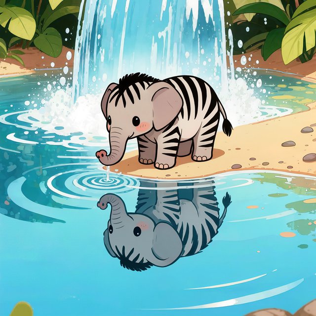 An adorable animal in a cartoon illustration, a cross between an elephant, a zebra, and a mouse. On the shore at the base of a magical waterfall flowing into a crystal-blue pond. Ripples create a wavy reflection in the water. — Kling v3