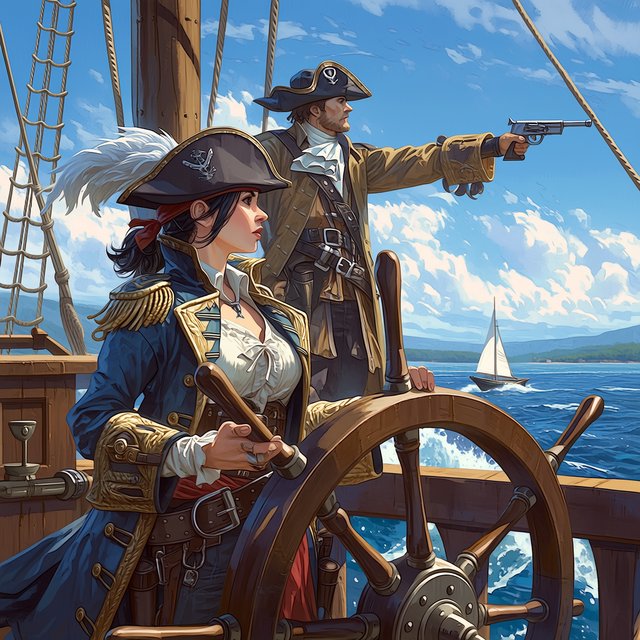 A pirate woman wearing a tricorne hat and an open coat stands behind the helmsman, scanning the horizon for danger. — Midjourney Niji 7