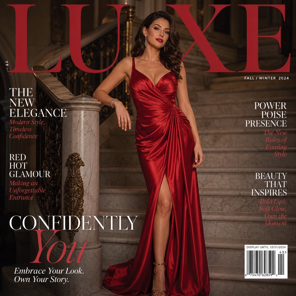 An adult woman in a floor-length red satin evening gown on a marble staircase, soft key light, confident pose, magazine cover style. — GPT Image 2