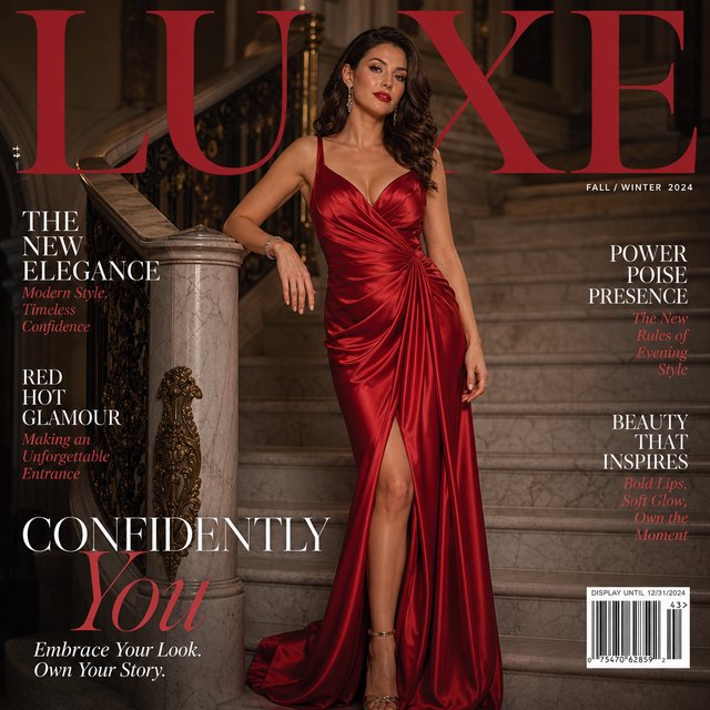 An adult woman in a floor-length red satin evening gown on a marble staircase, soft key light, confident pose, magazine cover style. — GPT Image 2