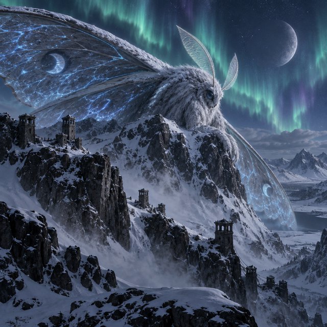 A colossal moon-moth leviathan rests atop a snowbound mountain ridge, its translucent wings veined with blue fire and its fur silvered by frost. Tiny abandoned watchtowers below emphasize its immense scale beneath an aurora-filled sky. — GPT Image 2.5 Sunburst
