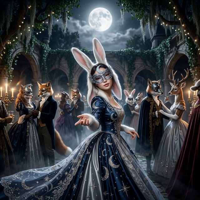 Create the most glamorous and mysterious midnight masked-ball scene, where various alluring anthropomorphic animals, such as foxes, deer, and rabbits, pose and dance under the moon. They wear moon-themed masks. In the middle foreground stands the most exquisite, alluring human-rabbit hybrid, with long white rabbit ears, a pulchritudinous East Asian face, an hourglass figure, rabbit-fur features, and human skin blended aesthetically. She wears the most exquisite silk dress with moon patterns and cross-star embroidery. She poses in a beckoning gesture, inviting the viewer to be her dance partner at the masquerade. No speech. — Nano Banana 2.1