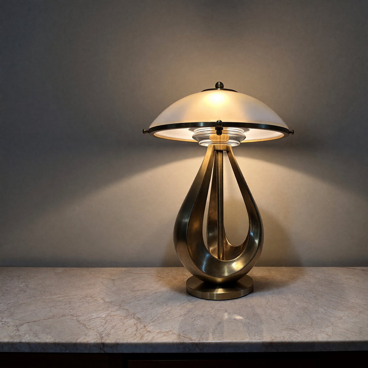 Commercial product photograph of an unbranded sculptural desk lamp made from brushed brass and opal glass, resting on pale travertine, against a warm gray background, with soft diffused light from upper left and gentle grounding shadow. — ImagineArt 1.5 Pro
