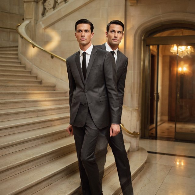 A tall adult man in a charcoal evening suit pauses halfway down a sweeping hotel staircase, caught glancing toward the ballroom as amber sconces cast sculpted light across stone; crisp tailoring and composed fashion-magazine polish. — Model 8