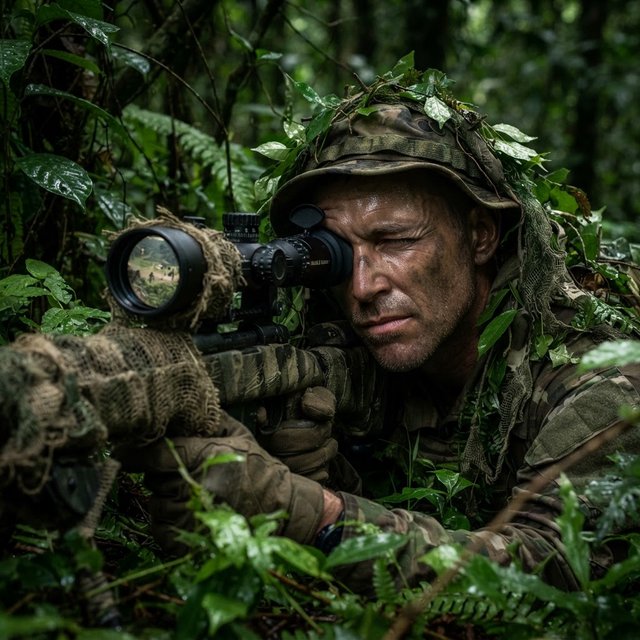 An adult sniper concealed in dense jungle foliage, aiming at a distant target, with a close-up view of his focused face. — Model 13