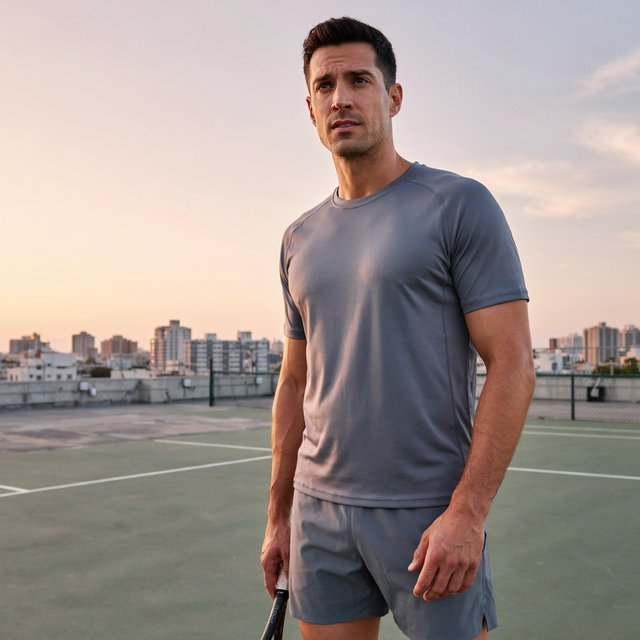 Editorial glamour photograph of an adult man in a slate-gray fitness set, pausing naturally beside a rooftop tennis court at sunrise, soft flattering light catching his focused expression and the city skyline beyond. — Ideogram v4.5