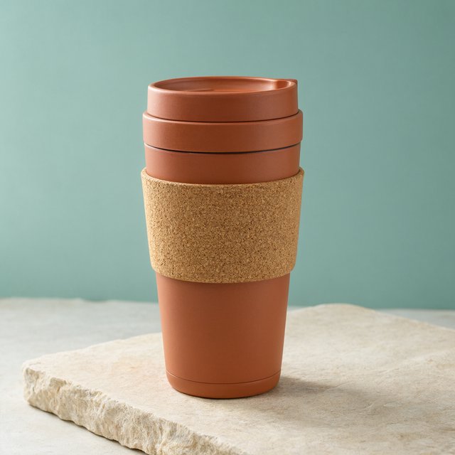 Commercial product photograph of an unbranded insulated travel mug made from matte terracotta powder-coated steel with a cork grip, standing on a pale limestone slab against a soft teal background, lit by broad diffused window light and a gentle edge light. — Qwen Image 3.0 Pro