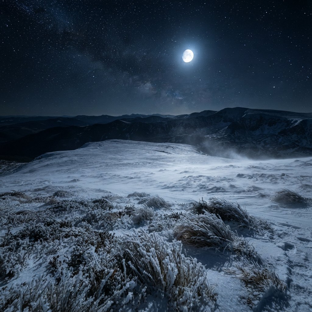 Moonlight washes a snowbound high plateau beneath sharp stars, while dry flurries cross the midnight air; frost feathers the foreground tussocks, and dark, rolling ridgelines recede into a blue-black distance. — Nano Banana 2 Lite