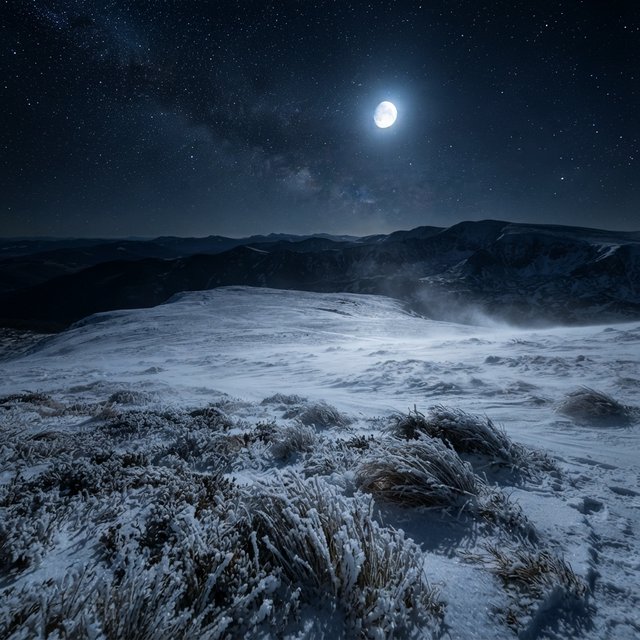Moonlight washes a snowbound high plateau beneath sharp stars, while dry flurries cross the midnight air; frost feathers the foreground tussocks, and dark, rolling ridgelines recede into a blue-black distance. — Nano Banana 2 Lite