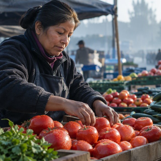 Candid documentary photograph of an adult market vendor arranging ripe tomatoes at an outdoor produce stall, cool early-morning side light, 50mm lens with shallow depth of field, condensation droplets beading on the tomato skins. — GPT Image 2.5 Flare