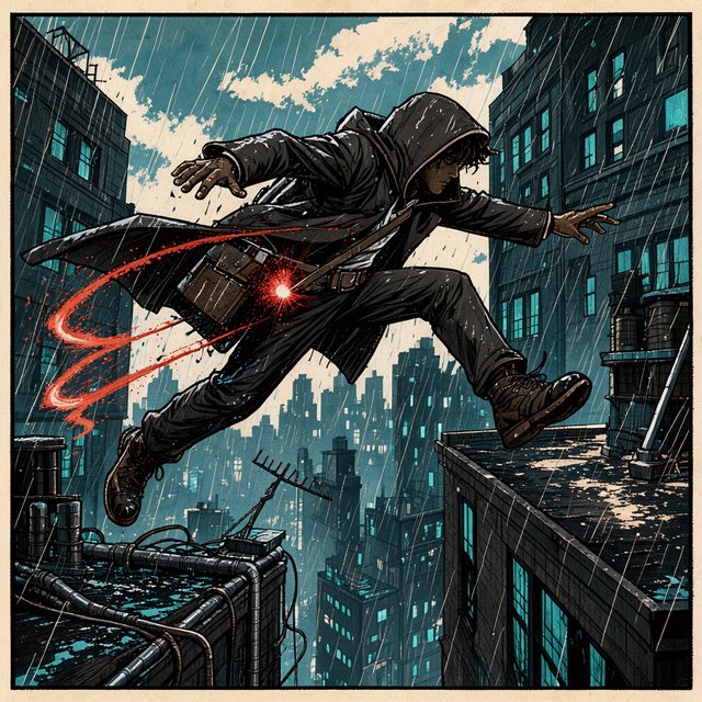 An adult rooftop courier vaults between rain-dark towers, coat snapping as signal flares streak behind; bold ink comic-panel illustration with dense halftone shadows, palette of electric cyan, vermilion, charcoal, and cream, no speech bubbles. — FLUX 3 Image Klein