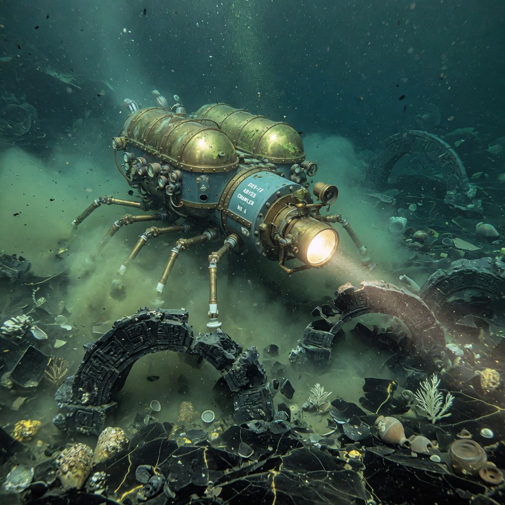 A brass-and-ceramic deep-sea crawler with arched pressure tanks trundles across the floor of a sunken obsidian caldera. Its searchlight cuts through green silt, revealing ruined stone arches far below the surface. — Grok Imagine Image Quality