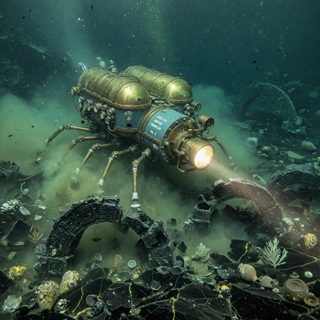 A brass-and-ceramic deep-sea crawler with arched pressure tanks trundles across the floor of a sunken obsidian caldera. Its searchlight cuts through green silt, revealing ruined stone arches far below the surface. — Grok Imagine Image Quality