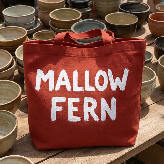 Sunlight pools over a pottery market table, where a rust-red canvas tote rests beside glazed bowls; "MALLOW FERN" is hand-painted in chunky white letters on its front, with no other legible writing. — Model 17