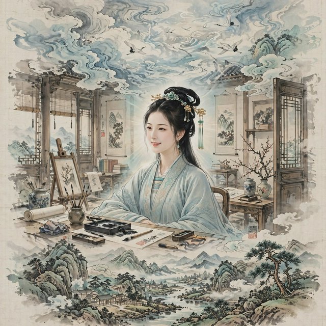 Heaven above, earth below. Ink-painting studio. Chinese painting style. Alluring. Peerless adult beauty. Radiant. — Muse Image 1.0