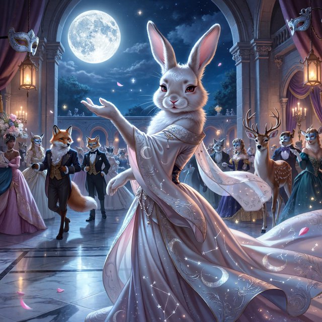 Create the most glamorous and mysterious midnight masked-ball scene, where various alluring anthropomorphic animals, such as foxes, deer, and rabbits, pose and dance under the moon. They wear moon-themed masks. In the middle foreground stands the most exquisite, alluring human-rabbit hybrid, with long white rabbit ears, a pulchritudinous East Asian face, an hourglass figure, rabbit-fur features, and human skin blended aesthetically. She wears the most exquisite silk dress with moon patterns and cross-star embroidery. She poses in a beckoning gesture, inviting the viewer to be her dance partner at the masquerade. No speech. — ImagineArt 2