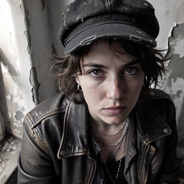 A monochrome, grainy, photorealistic medium close-up shot from a high angle: a young woman with messy, short curls, fair, freckled skin, and an intense, direct gaze into the camera. She is wearing a faded, worn-in black flat cap, a distressed vintage leather jacket over a dark undershirt, several thin silver chains, and a small hoop earring. Soft, diffused side lighting from the left casts gentle shadows across her face. In the background, a weathered wall with peeling plaster. Shallow depth of field, a moody, gritty film aesthetic, and sharp focus on the subject's eyes. — ImagineArt 1.5 Pro