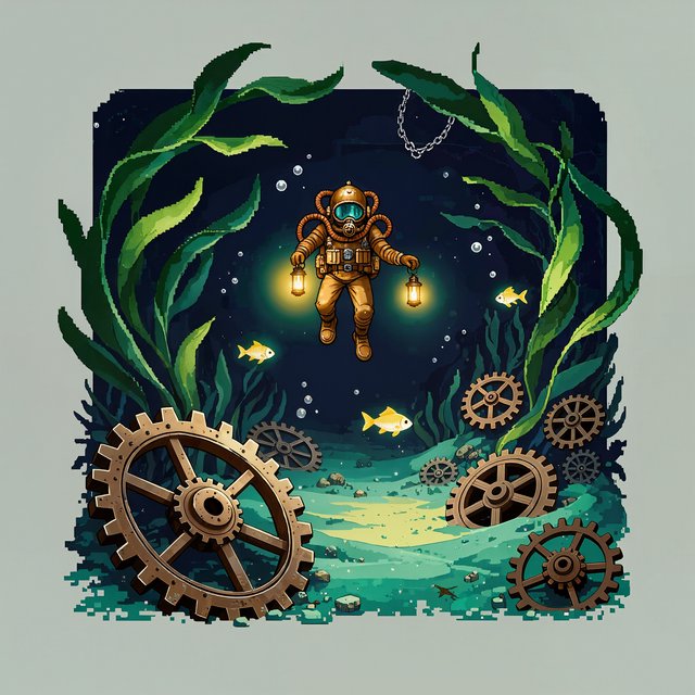 A brass-suited adult diver explores a submerged clockwork garden, where kelp curls around sunken gears and tiny fish glow in the dark; pixel art illustration, palette of teal, copper, midnight blue, and lemon yellow. — Kling v3