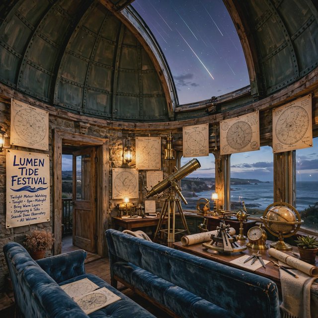 At a restored seaside observatory, a twilight meteor-watching event fills the domed hall with brass instruments, star charts, and velvet benches; "LUMEN TIDE FESTIVAL" is hand-printed in deep blue ink across a cream paper announcement beside the entrance. — Muse Image 1.0