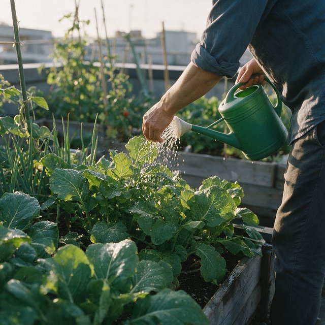 Candid documentary photograph of an adult tending a rooftop vegetable garden in the late afternoon, soft side light, 50mm lens with moderate depth of field, water droplets glinting on freshly watered leaves. — Seedream 5.0 Pro