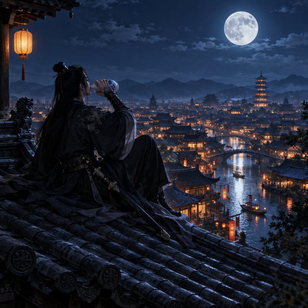 A lone Chinese swordsman sits on a tiled rooftop in ancient China at night, gazing over a lantern-lit city while drinking from a ceramic wine flask, moonlight bathing the quiet scene. — GPT Image 2.5 Flare