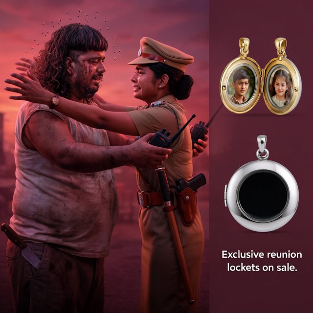 A reunion of long-lost brother and sister, as depicted in Bangladeshi films. The brother is now a thug, he is overweight, with badly cut, long, curly hair. He wears a sleeveless T-shirt. A large knife peeks out of his trousers. His arms open wide to hug his sister. He stinks. So a few flies hover around his head. His sister, typically the film heroine, and therefore very attractive. But she's a cop wearing a cap and body-fitting khaki police dress. A gun in her holster, a baton by her belt, plus a walkie talkie in her one hand. Her arms are also open wide to hug the brother. Both are tearful. They must be placed on one side of the image. On the other side of the image, we place some products from the film that we want to sell: A circular locket that is open like a book, with childhood pictures of the brother and the sister on two sides. Below this open locket, we show a closed locket. Add text: Exclusive reunion lockets on sale. — Model 11
