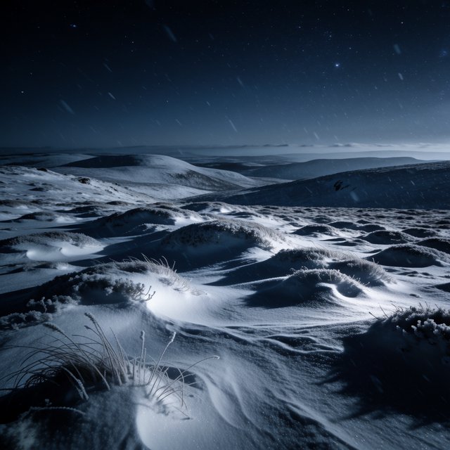 Moonlight washes a snowbound high plateau beneath sharp stars, while dry flurries cross the midnight air; frost feathers the foreground tussocks, and dark, rolling ridgelines recede into a blue-black distance. — Krea 2 Medium