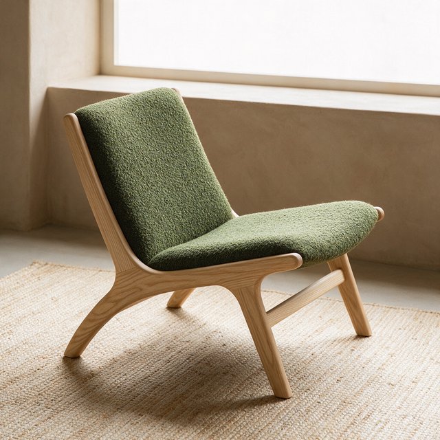 In a quiet reading-room corner, an unbranded lounge chair pairs a curved ash frame with nubby moss-green wool upholstery, set on a pale jute rug before a warm plaster wall; broad window diffusion and soft bounce shape this commercial product image, with no lettering. — Seedream 5.0 Pro