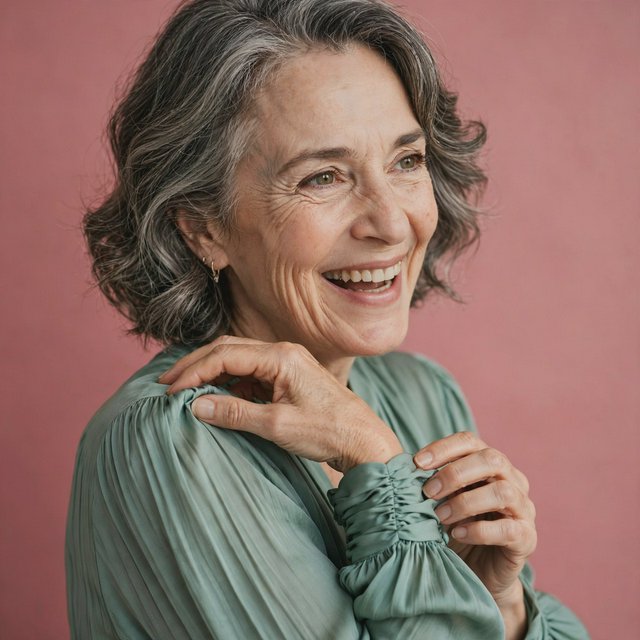 Portrait photograph of an adult woman in her early 60s wearing a softly pleated sea-green silk blouse, hands brushing its gathered sleeve fabric. Her amused, open expression stands against a matte rose backdrop, illuminated by broad, gentle studio light. — Muse Image 1.0