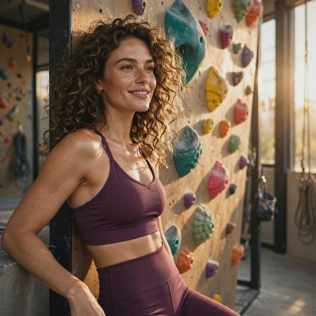 Editorial glamour photograph of an adult woman in a plum fitness set, pausing naturally beside a sunlit indoor climbing wall, flattering side light tracing colorful holds, loose curls and an easy, confident smile. — Muse Image 1.0