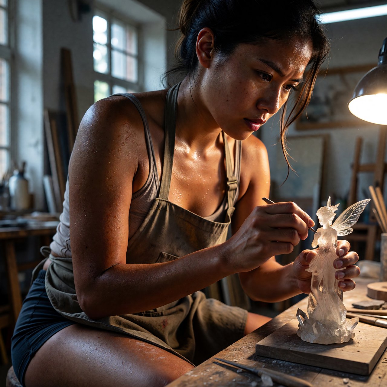 A pulchritudinous, gorgeous, exotic East Asian beauty, aged 24, inside an atelier, wearing a loose workshop apron, a tube top, and hot pants. Sweating profusely, she remains concentrated. She has a focused posture and expression as she looks at the crystalline object in the foreground that she is sculpting into a small, detailed fairy with high precision and clarity. Three-quarter-body mid-shot, Dutch angle. — ImagineArt 1.5 Pro