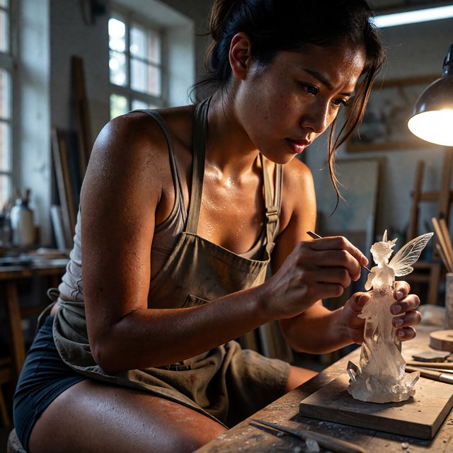 A pulchritudinous, gorgeous, exotic East Asian beauty, aged 24, inside an atelier, wearing a loose workshop apron, a tube top, and hot pants. Sweating profusely, she remains concentrated. She has a focused posture and expression as she looks at the crystalline object in the foreground that she is sculpting into a small, detailed fairy with high precision and clarity. Three-quarter-body mid-shot, Dutch angle. — Model 6