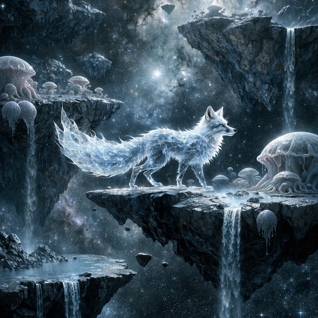 An ethereal fox with crystalline fur navigates a landscape of floating islands. Waterfalls cascade into the starry abyss below, and strange, alien flora sprouts from glowing rocks. This is a magical realism painting, infused with the wonder of distant galaxies. — Recraft v4 Pro