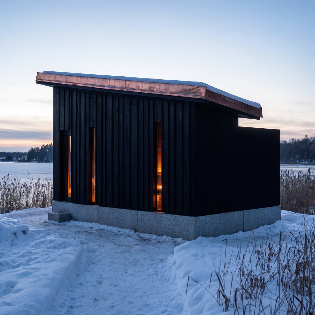 Exterior of a Scandinavian modernist lakeside sauna pavilion, blackened timber cladding, pale granite plinth, copper roof, winter blue-hour light glowing through narrow windows, viewed from a snowy reed-lined path, straight structural geometry and plausible construction. — Krea 2 Large