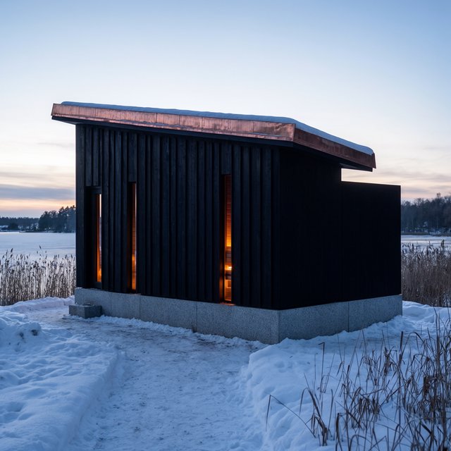 Exterior of a Scandinavian modernist lakeside sauna pavilion, blackened timber cladding, pale granite plinth, copper roof, winter blue-hour light glowing through narrow windows, viewed from a snowy reed-lined path, straight structural geometry and plausible construction. — Krea 2 Large