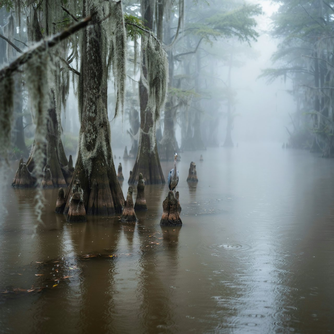 A cypress swamp at foggy sunrise after overnight drizzle, dark tea-colored water threading between moss-draped trunks; slick root knees and floating leaves lead toward pale trees disappearing into layered mist. — Ideogram v4