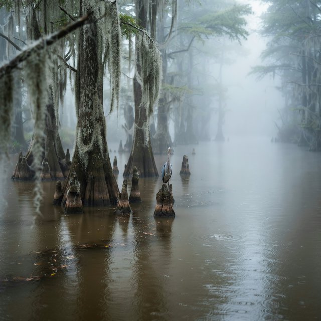 A cypress swamp at foggy sunrise after overnight drizzle, dark tea-colored water threading between moss-draped trunks; slick root knees and floating leaves lead toward pale trees disappearing into layered mist. — Ideogram v4