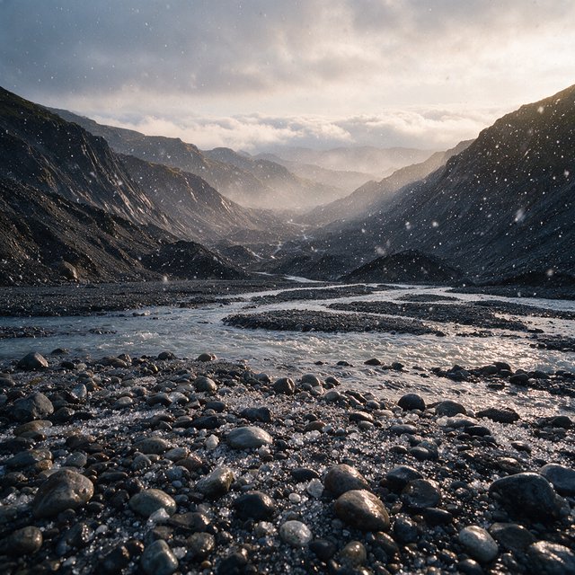 Beyond a braided glacier-fed stream, a steep moraine valley opens beneath clearing dawn snow flurries; gritty ice grains and water-polished stones sharpen the near bank, while layered ridges fade into cloud. — Model 20