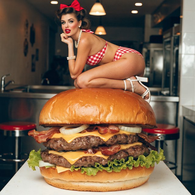 A 1950s pin-up-style photo of a bikini-clad woman sitting on a giant hamburger. — Recraft v4 Pro