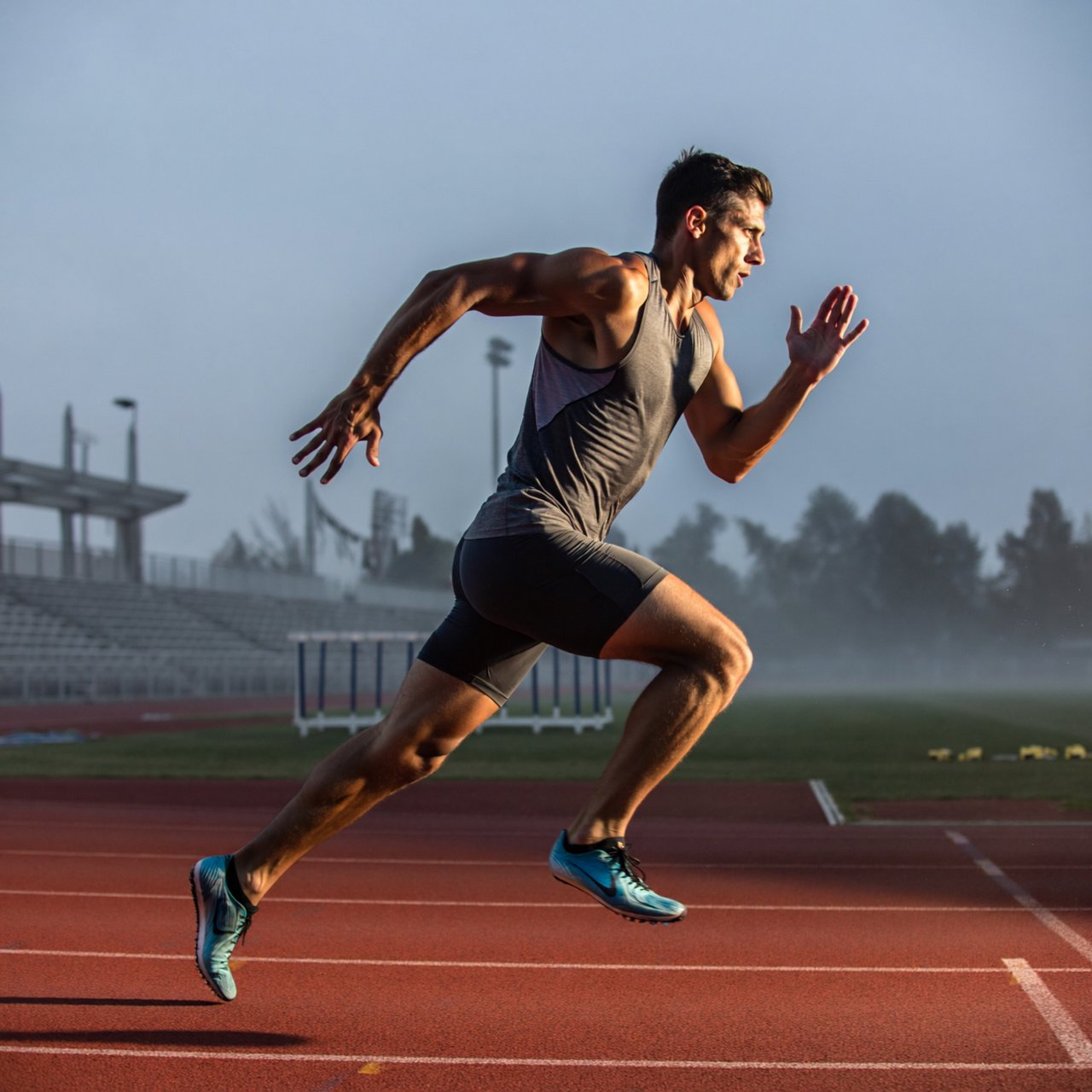 Adult male athlete in running shorts and a tank top mid-sprint on an outdoor track at dawn, muscles defined, motion captured sharply. — ImagineArt 2