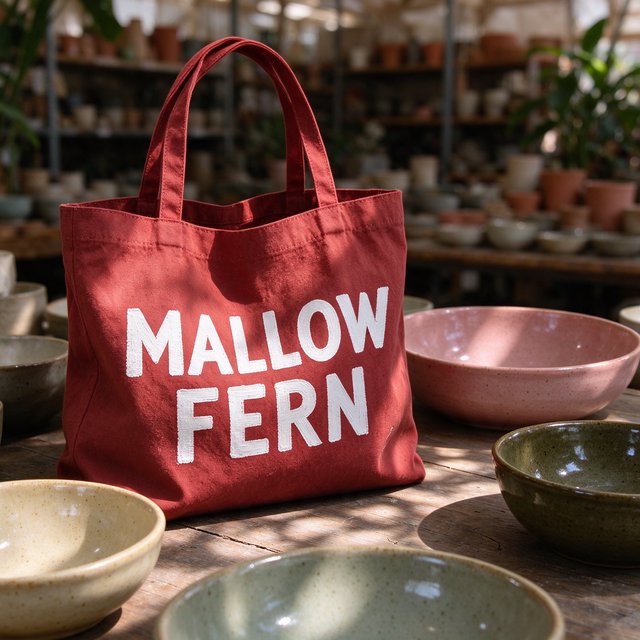 Sunlight pools over a pottery market table, where a rust-red canvas tote rests beside glazed bowls; "MALLOW FERN" is hand-painted in chunky white letters on its front, with no other legible writing. — Model 19