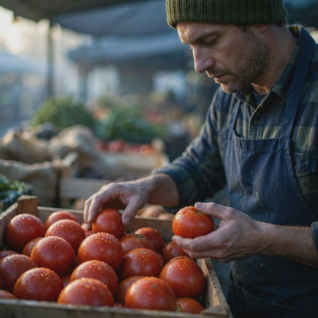 Candid documentary photograph of an adult market vendor arranging ripe tomatoes at an outdoor produce stall, cool early-morning side light, 50mm lens with shallow depth of field, condensation droplets beading on the tomato skins. — Muse Image 1.0