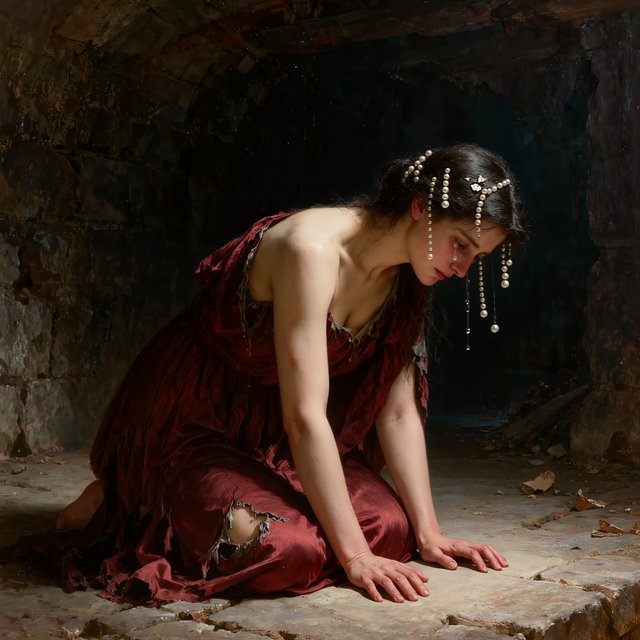 A dramatic cinematic portrait of a fallen noblewoman kneeling in a dimly lit stone chamber, wearing a disheveled dark crimson silk gown, the fabric torn and loose, revealing hints of pale skin, strong chiaroscuro lighting highlighting her silhouette and sorrowful expression, tears, messy hair adorned with broken pearls, atmosphere of despair and silence, oil painting style realism — Kling v3